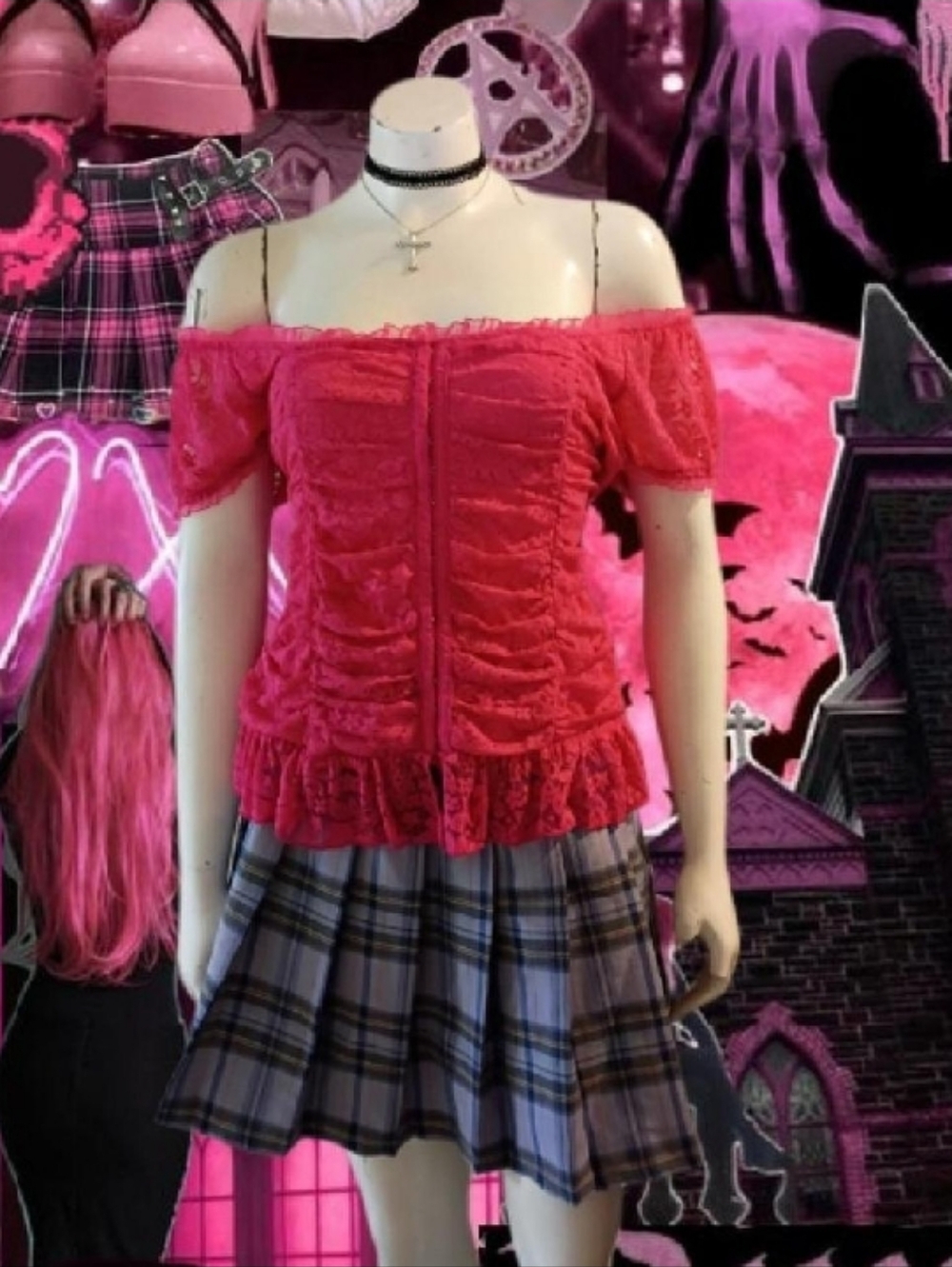 Y2K Dots Hot Pink Short Sleeve Ruched Lace Top W/ Ruffled Trim Sz L